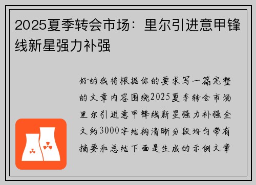 2025夏季转会市场：里尔引进意甲锋线新星强力补强