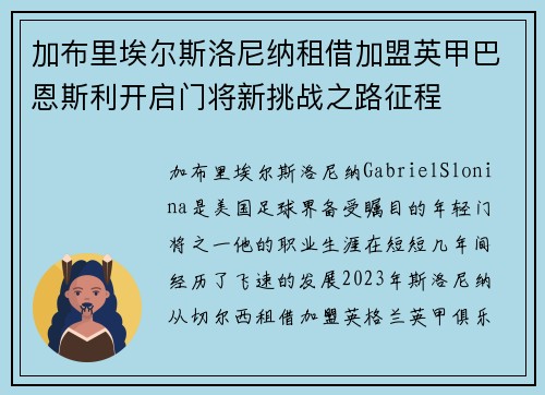 加布里埃尔斯洛尼纳租借加盟英甲巴恩斯利开启门将新挑战之路征程