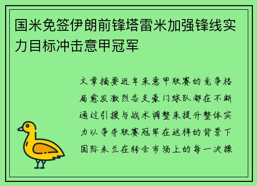 国米免签伊朗前锋塔雷米加强锋线实力目标冲击意甲冠军