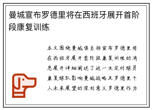 曼城宣布罗德里将在西班牙展开首阶段康复训练