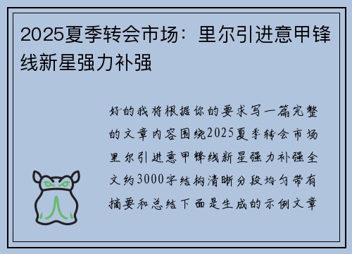 2025夏季转会市场：里尔引进意甲锋线新星强力补强